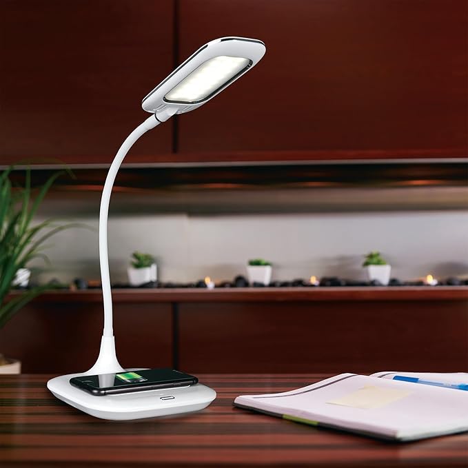 OttLite Prevention LED Desk Lamp with Wireless Charging - Designed to Reduce Eyestrain - Adjustable Flexible Neck, 3 Color Modes & Touch Controls - Crafting, Office Work, Reading & Studying - LeafyLoom