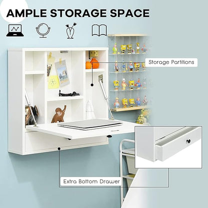 2 in 1 Foldable Tabletop, Folding Wall Mount Laptop Storage Compartments Space Saving Floating Desk, Small, White - LeafyLoom