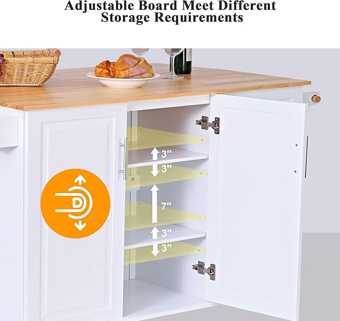 soges Mobile Kitchen Island with Storage and Drop Leaf on Wheels, Rolling Kitchen Island Table Cart with 3 Drawers and Large Storage Cabinets, Spacious Desktop, Adjustable Shelves, White - LeafyLoom