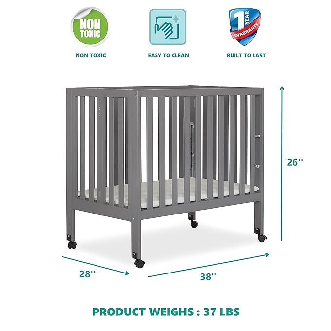 Jett Non-Full Size Folding Convertible Crib, Lightweight Portable Crib, Three Adjustable Mattress Height Settings, Easy to Fold Travel Crib, 1.5” Mattress Pad Included - LeafyLoom