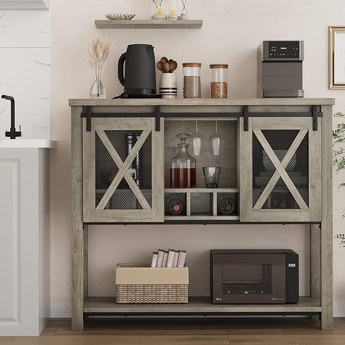 IDEALHOUSE Buffet Storage Cabinet Farmhouse Wine Cabinet Coffee Bar Table with Wine Glass Rack and Storage, Wood Buffets and Sideboards with Barn Mesh Door for Kitchen, Dining, Living Room - LeafyLoom