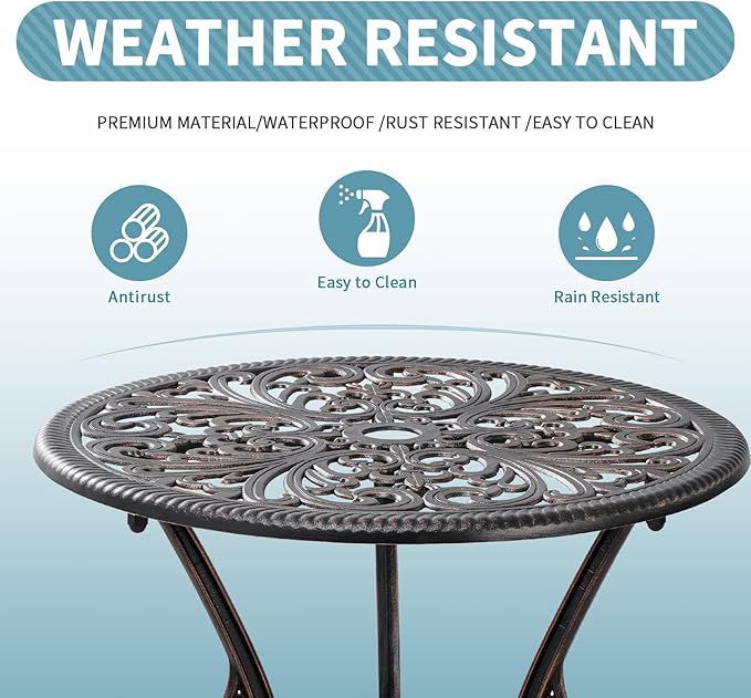 Outdoor Bistro Table and Chairs Set of 2 Cast Aluminum Patio Bistro Set with Umbrella Hole, All Weather Bistro Table Set for Garden, Bronze - LeafyLoom