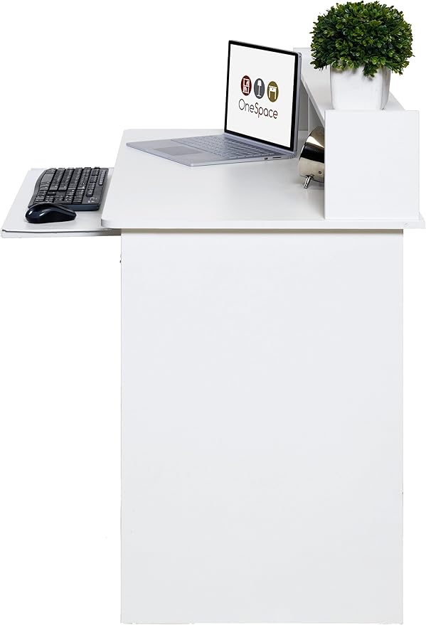 OneSpace Essential Computer Desk, Hutch with Pull-Out Keyboard, White - LeafyLoom