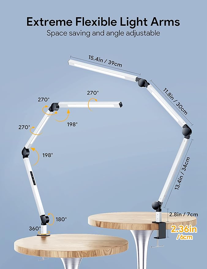 MediAcous LED Desk Lamp with Clamp, Dual Light Desk Lamp with Swing Arm, Dimmable 4 Color Modes & 4 Brightness Table Lamp, Eye-Caring Clip-on Lamp with Memory Function for Home Office, White - LeafyLoom