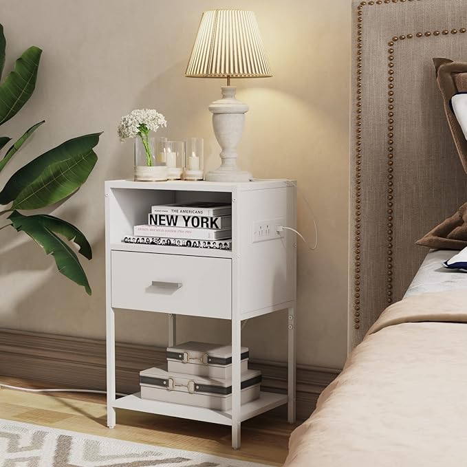 LDTTCUK Nightstand with Charging Station, Modern End Table with Drawer, White Bedside Table with Open Storage for Bedroom - LeafyLoom