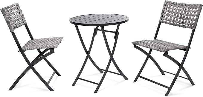 BACKYARD EXPRESSIONS PATIO · HOME · GARDEN 3 Pc 3 Piece Folding Outdoor Bistro, Wicker Furniture Table and Chairs for Garden, Backyard, Porch, Patio Conversation Set, Grey/Black - LeafyLoom