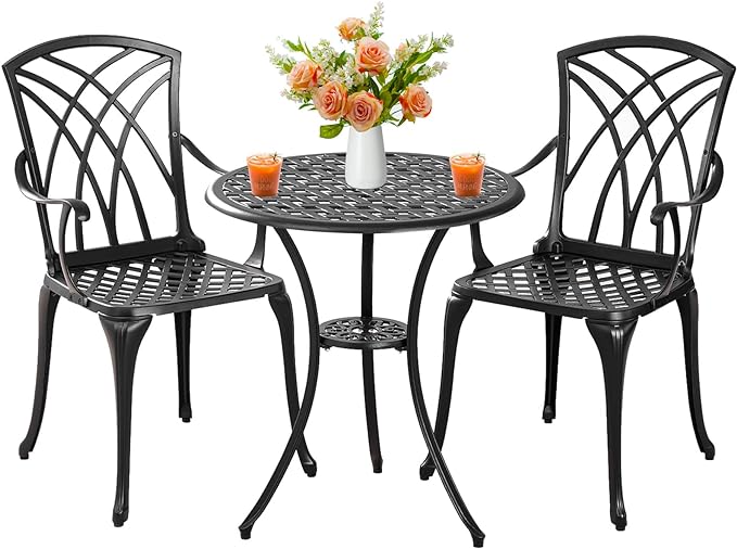 Outdoor 3 Piece Bistro Set Cast Aluminum Bistro Table and Chairs Set of 2, All Weather Bistro Patio Set, Patio Furniture for Garden Black - LeafyLoom