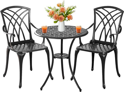 Outdoor 3 Piece Bistro Set Cast Aluminum Bistro Table and Chairs Set of 2, All Weather Bistro Patio Set, Patio Furniture for Garden Black - LeafyLoom