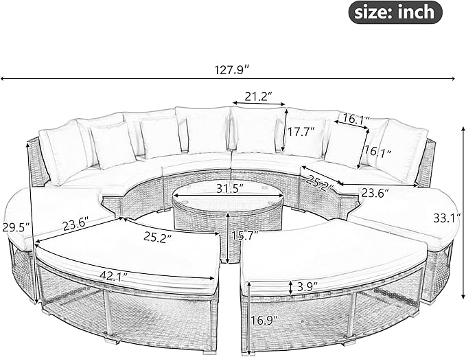 9-Pieces Outdoor Patio Furniture Set, Rattan Wicker Circular Sectional Sofa with Storage, Tempered Glass Table and 6 Pillows, Garden Lawn Half Moon Conversation Couch, Grey - LeafyLoom