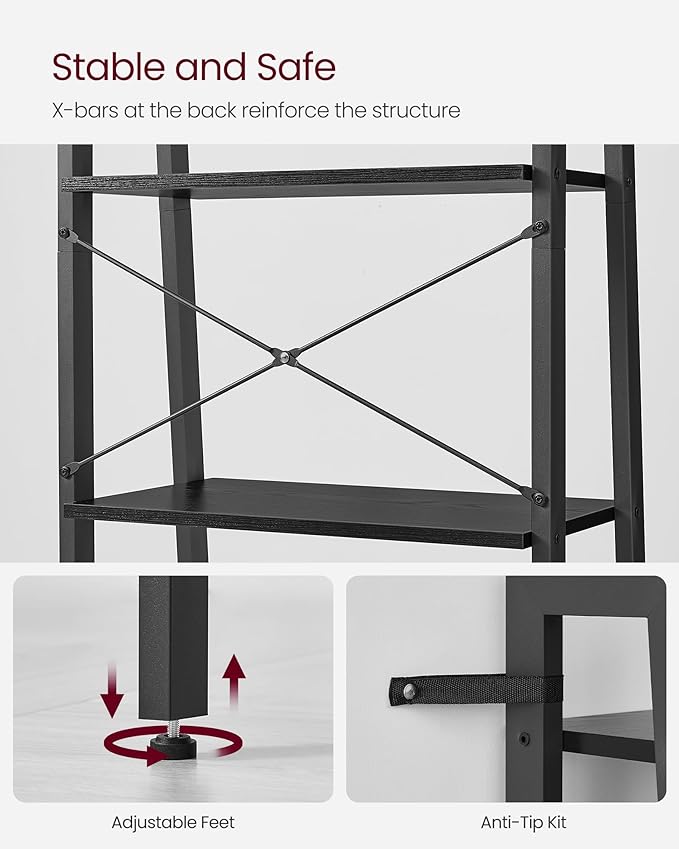 VASAGLE Ladder Shelf, 5-Tier Bookshelf, Storage Rack, Bookcase with Steel Frame, for Living Room Home Office, Kitchen, Bedroom, Industrial Style, Ebony Black + Black - LeafyLoom