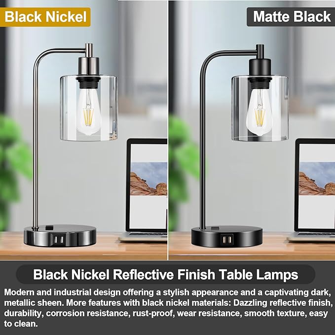 Industrial Touch Control Table Lamps Set of 2 - Black Nickel Bedside Lamps with 2 USB Ports & AC Outlet, 3-Way Dimmable Nightstand Desk Lamp for Bedroom Living Room, Glass Shade & 2 LED Bulbs Included - LeafyLoom