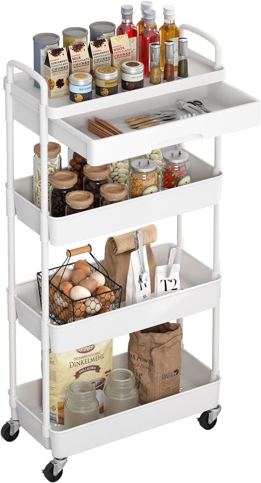 4-Tier Rolling Cart，Trolley with Drawer, Kitchen Storage Organizer with Plastic Shelf & Metal Wheels, Storage Cart for Living Room, Kitchen, Office, Bathroom, White - LeafyLoom