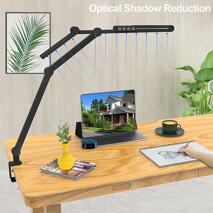 Micomlan Led Desk Lamp with Clamp, Architect Desk Lamp for Home Office with Atmosphere Lighting, 24W Ultra Bright Auto Dimming Desk Light Stepless Dimming and Tempering LED Table Light - LeafyLoom