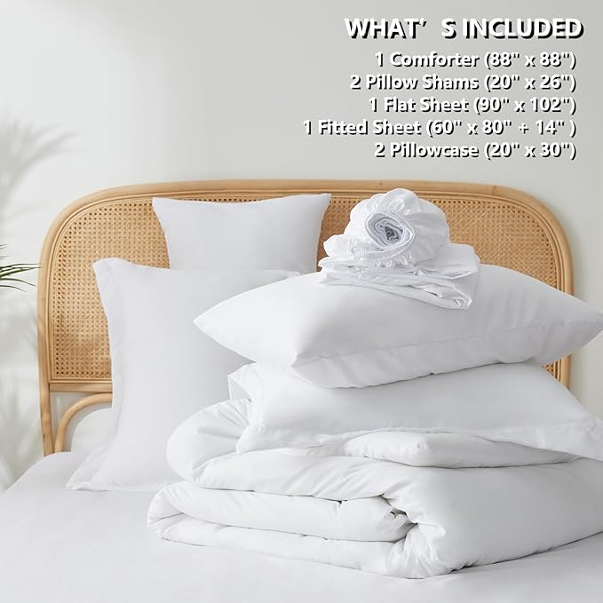 Queen Bed in a Bag 7 Pieces Bedding Comforter Set with Comforter and Sheets White Queen Bed Set with Sheets,Pillow Shams, Flat Sheet, Fitted Sheet and Pillowcases - LeafyLoom