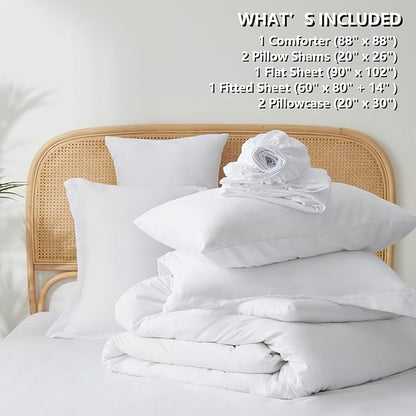 King Bed in a Bag 7 Pieces Bedding Comforter Set with Comforter and Sheets White King Bed Set with Sheets,Pillow Shams, Flat Sheet, Fitted Sheet and Pillowcases - LeafyLoom