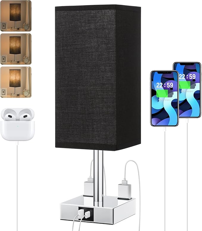 Touch Bedside Table Lamp For Nightstand - 3-Way Dimmable Night Lamp with USB A + Type C Charging Ports and two AC Outlets, Small Desk Light with E26 LED Bulb for Bedroom Living Room Dorm Office,BLACK - LeafyLoom