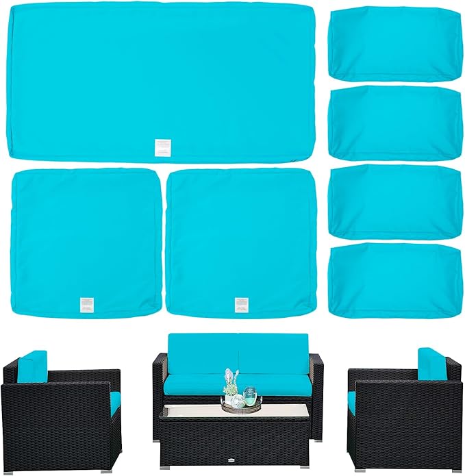 ClawsCover 7Pack Outdoor Seat and Back Cushions Replacement Covers Fits for 4-Seater 4Pieces Wicker Rattan Patio Conversation Set Sectional Couch Chair Furniture,Turquoise-Include Cover Only - LeafyLoom