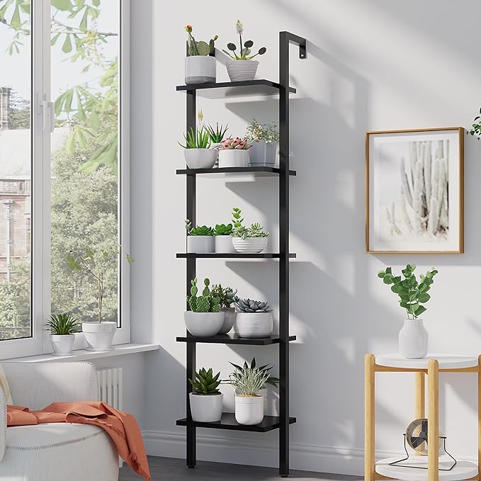 YMYNY 5 Tiers Narrow Ladder Bookcase, Industrial Wall Mounted Bookshelf, Open Display Rack with Metal Frame, Wooden Storage Shelves for Bedroom, Home Office, Living Room, Black, 70*17.3*11.8"UHBC015B - LeafyLoom