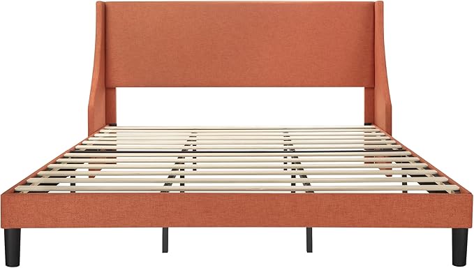 Allewie King Size Bed Frame, Platform Bed Frame with Upholstered Headboard, Modern Deluxe Wingback, Wood Slat Support, Mattress Foundation, Burnt Orange - LeafyLoom