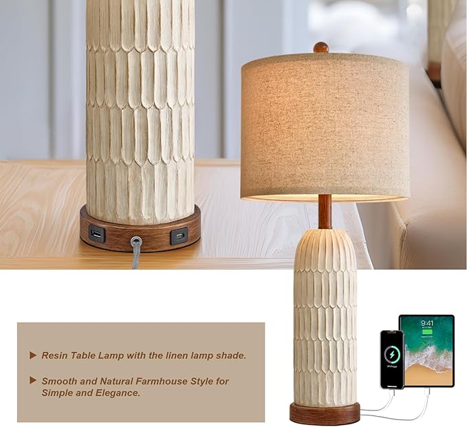 OYEARS 26.5" Table Lamp Set of 2 for Bedroom Living Room with USB A+C Charging Ports Modern Farmhouse Bedside End Lamps Rustic Nightstand Lamps,Brown - LeafyLoom