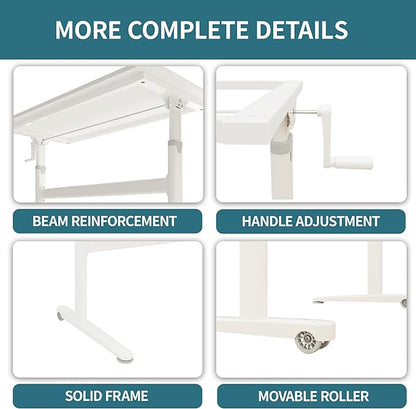 Manual Standing Desk Adjustable Height- Crank Mobile Standing Desk 48 x 24 Inches Sit Stand Desk Frame & Top, Stand Up Desk on Wheels, Computer Desk White Frame & White - LeafyLoom