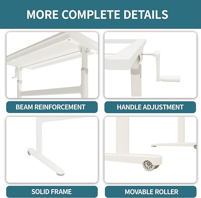 Manual Standing Desk Adjustable Height- Crank Mobile Standing Desk 55 x 24 Inches Sit Stand Desk Frame & Top, Stand Up Desk on Wheels, Computer Desk White Frame & White - LeafyLoom