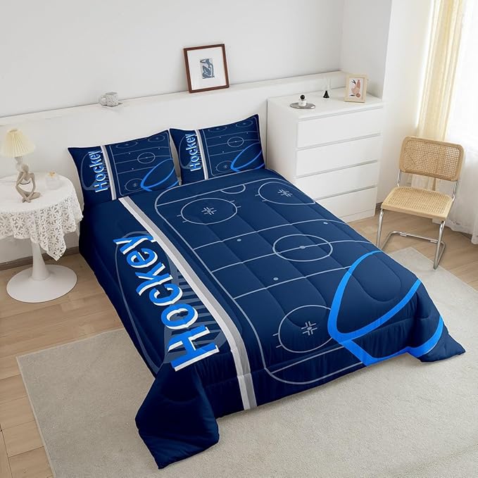 Feelyou Kids Ice Hockey Comforter Set Queen Size Ice Sports Games Bedding Set for Boys Girls Teens Bedroom Decor Hockey Player Comforter Puck Hockey Duvet Set with 2 Pillow Case - LeafyLoom