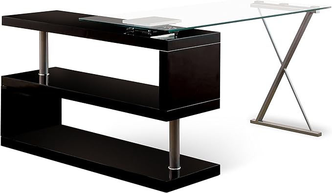 Furniture of America Lilliana S-Shaped Glass-Top Office Desk, Black - LeafyLoom