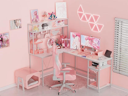 L Shaped Desk with Hutch - 67" L Shaped Gaming Desk with LED Lights, Corner Computer Desk with Storage Shelves, L Shaped Office Desk with Pegboard, White - LeafyLoom