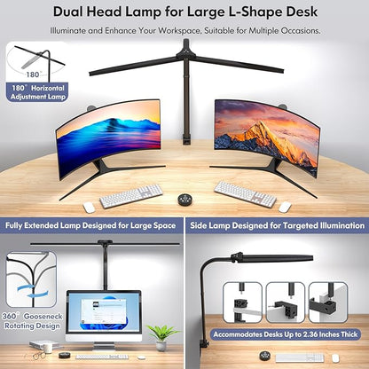 LED Desk Lamp for Home Office, Dual Head Architect Lamp with Clamp, Desk Light for Dual Computer Monitor, 24W 2000LM Dimmable, 2700K/4500K/6500K Adjustable, Gooseneck Desk Lighting for Workbench Study - LeafyLoom