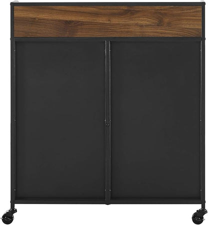 Walker Edison Malcomb Urban Industrial Metal Mesh Double Door Rolling Bar Cabinet, 33 Inch, Dark Walnut - LeafyLoom