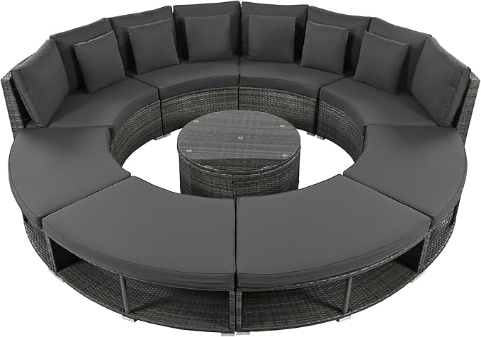 9-Pieces Outdoor Patio Furniture Set, Rattan Wicker Circular Sectional Sofa with Storage, Tempered Glass Table and 6 Pillows, Garden Lawn Half Moon Conversation Couch, Grey - LeafyLoom