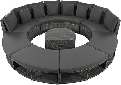 9-Pieces Outdoor Patio Furniture Set, Rattan Wicker Circular Sectional Sofa with Storage, Tempered Glass Table and 6 Pillows, Garden Lawn Half Moon Conversation Couch, Grey - LeafyLoom