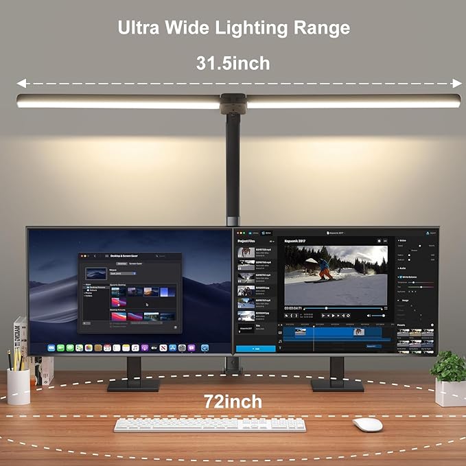 Double Head Desk Lamp LED Dimmable with Touch Remote Control, 80cm Architect Desk Light with Clamp, 24W Adjustable Gooseneck Office Light Monitor Light, 25 Lighting Modes for Study Reading, Black - LeafyLoom