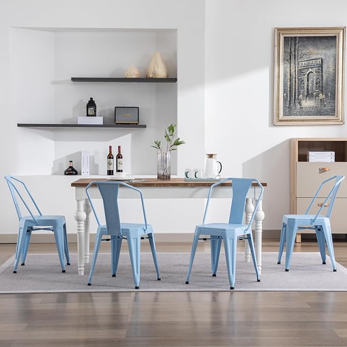 Modern Dining Chair Set of 4, Stackable Metal Chairs, Waterproof Counter Bar Chairs with High Backrest, Quick Assembly Cafe Chairs, Tolix Style for Home, Kitchen and Bar Use, Blue - LeafyLoom