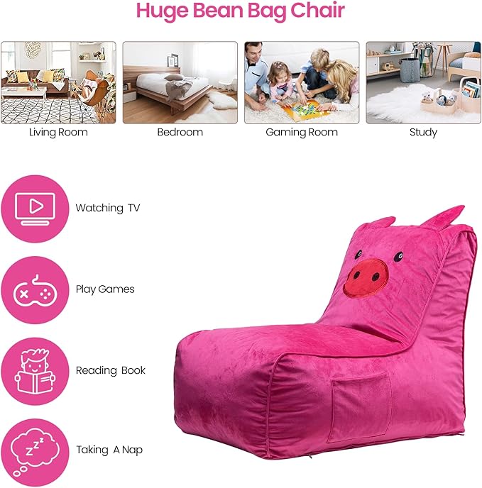 Bean Bag Chair for Kids, Cute Pig L-Shape Animal Bean Bag Sofa with Top Handles and Side Pockets, Cute Soft and Comfy Bean Bag Chair with Filler Included, Ages 1+ Children's Day Gifts - LeafyLoom