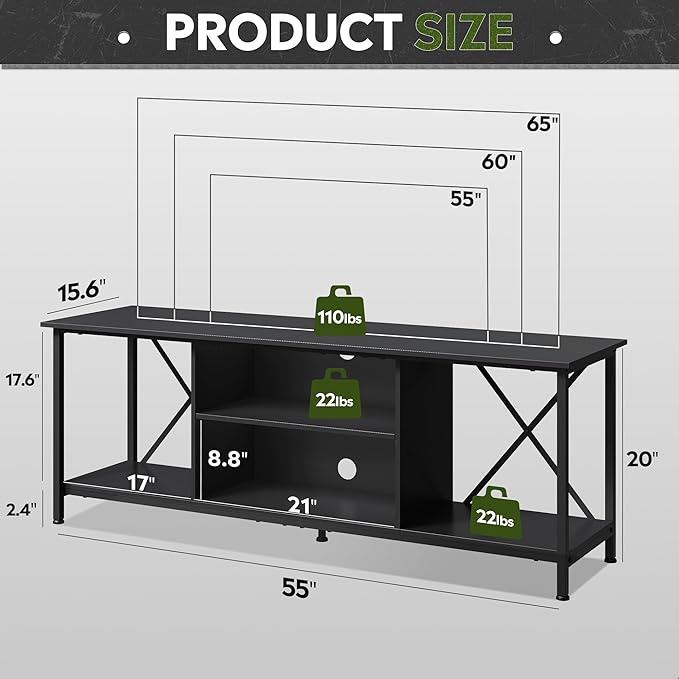 WLIVE TV Stand up to 65 Inch TV, 55" Entertainment Center, Industrial TV Console with Open Storage Shelf for Living Room and Bedroom, Black - LeafyLoom