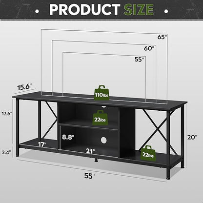 WLIVE TV Stand up to 65 Inch TV, 55" Entertainment Center, Industrial TV Console with Open Storage Shelf for Living Room and Bedroom, Black - LeafyLoom