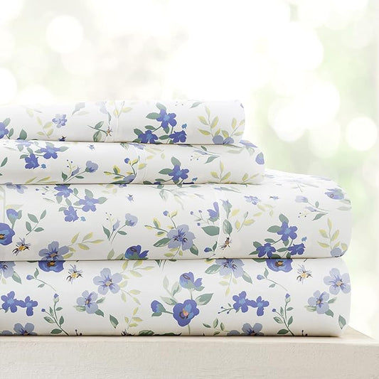 4 Piece Cal King Bedding Sheet Set (Light Blue Floral) - Sleep Better Than Ever with These Ultra-Soft & Cooling Bed Sheets for Your Cal King Size Bed - Deep Pocket Fits 16" Mattress - LeafyLoom