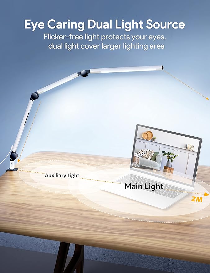 MediAcous LED Desk Lamp with Clamp, Dual Light Desk Lamp with Swing Arm, Dimmable 4 Color Modes & 4 Brightness Table Lamp, Eye-Caring Clip-on Lamp with Memory Function for Home Office, White - LeafyLoom