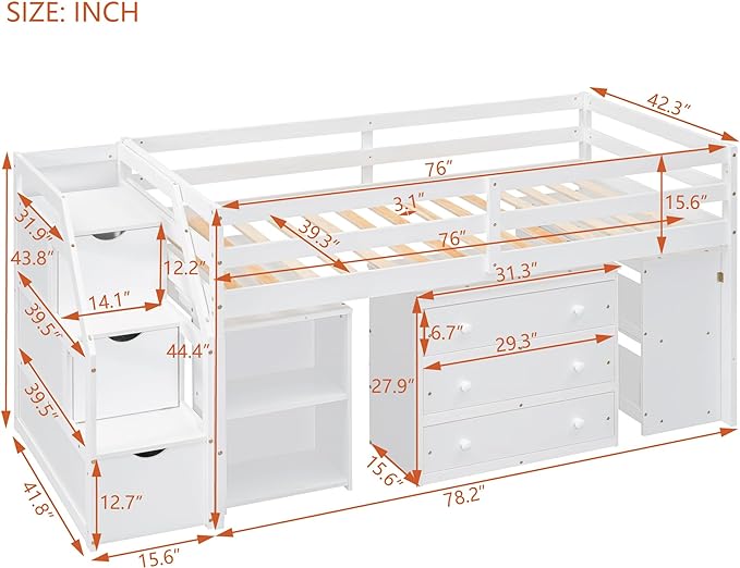 Loft Bed Frame, Twin Size Low Loft Bed with Storage Stairs, Shelves, Retractable Writing Desk and 3 Drawers, Wooden Twin Lofbed Frame for Kids Boys Girls Bedroom, Space-Saving Design, White - LeafyLoom