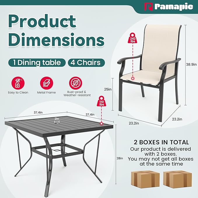 Pamapic 5 Pieces Patio Dining Set, Outdoor Dining Set for Garden Backyard Poolside Deck,Outdoor Table and Chairs Set with 4 Textilene Chairs,Beige - LeafyLoom