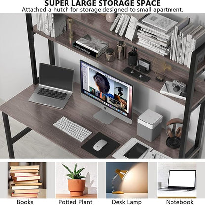 Aquzee Desk with Hutch Bookshelves, Computer Desk with 3 Tiers Storage Shelves, Space Saving Design Black Metal Legs Desk with Grey Board, Easy Assemble - LeafyLoom