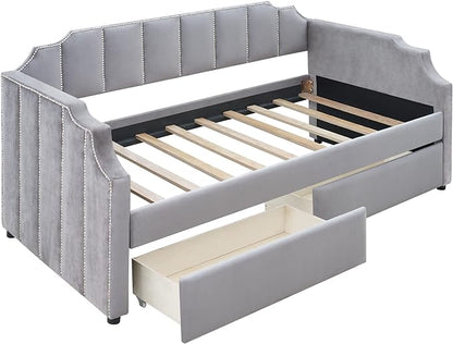 Twin Size Velvet Upholstered Daybed with Drawers, Solid Wood Bed w/Vertical Stripes Designed Backrest and Pine Legs, for Living Room, Bedroom, Dorm, No Box Spring Needed - LeafyLoom