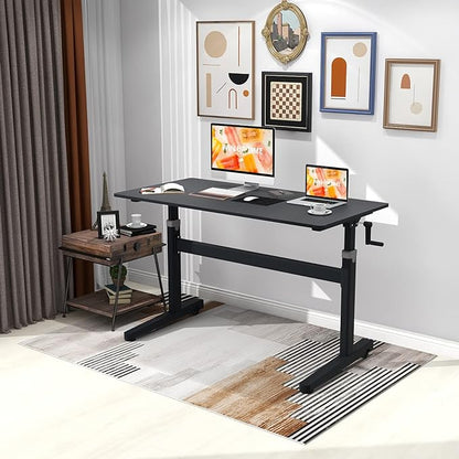 Manual Standing Desk Adjustable Height- Crank Mobile Standing Desk 48 x 24 Inches Sit Stand Desk Frame & Top, Stand Up Desk on Wheels, Computer Desk Black Frame & Black - LeafyLoom