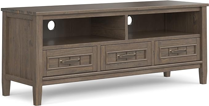 SIMPLIHOME Lev SOLID WOOD 50 Inch Wide Contemporary Low TV Media Stand in Smoky Brown for TVs up to 55 Inches, For the Living Room and Entertainment Center - LeafyLoom