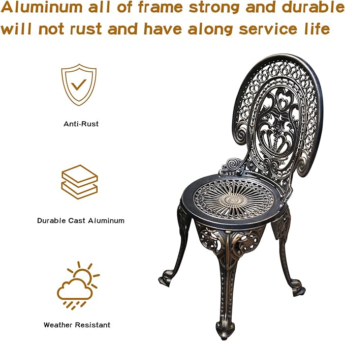 Patio Bistro Set.Rust-Resistant Cast Aluminum Bistro Table Set with Umbrella Hole for Backyard (Crown Copper) - LeafyLoom