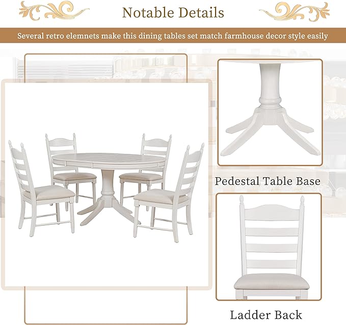 Dining Table Set for 4 Person, 5 Pieces Kitchen Table&Chairs Including Round Extendable Diningtable and Four Upholstered Chairs, Wood Grain Tabletop, Ladder Backrest, Solid Wood Rubber Legs - LeafyLoom