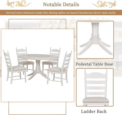 Dining Table Set for 4 Person, 5 Pieces Kitchen Table&Chairs Including Round Extendable Diningtable and Four Upholstered Chairs, Wood Grain Tabletop, Ladder Backrest, Solid Wood Rubber Legs - LeafyLoom