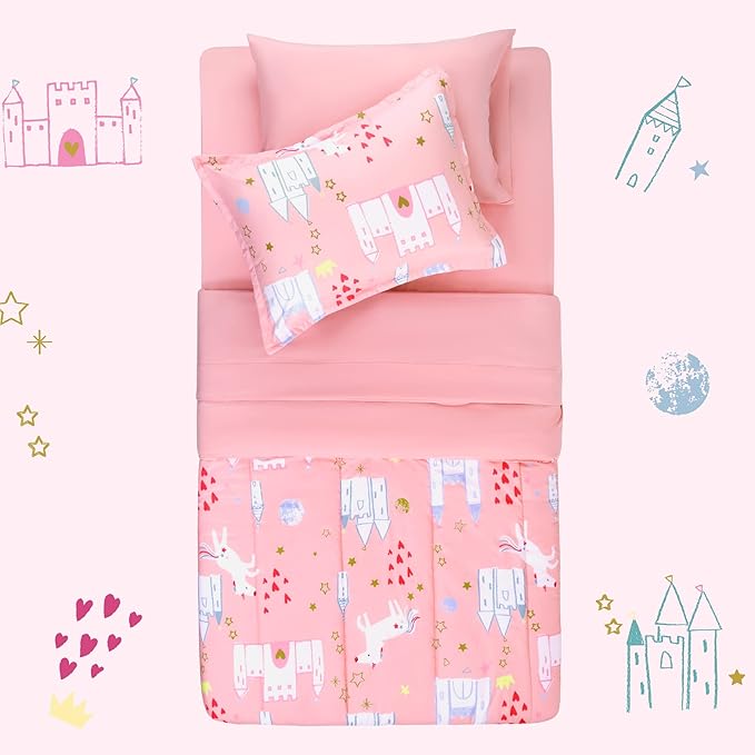 SLEEP ZONE Kids Bedding Comforter Set Full/Queen Size - Super Cute & Soft Kids Bedding 7 Pieces Set with Comforter, Sheet, Pillowcase & Sham (Unicorn Castle) - LeafyLoom